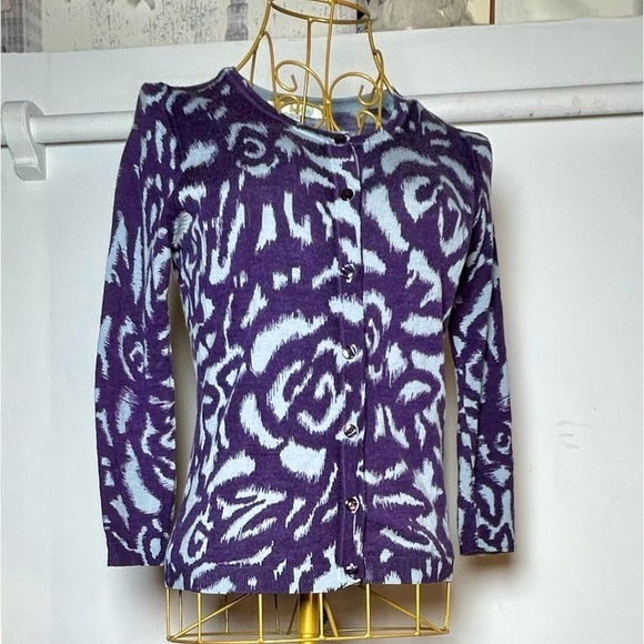 Boden 100% Wool Button-Up Cardigan in Purple & Blue Swirls w/ Suede Placket, 6 - Picture 3 of 16